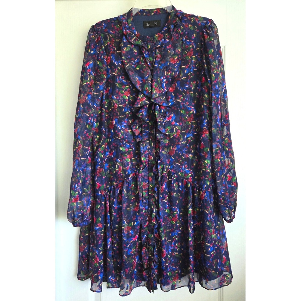 Saloni Blue Floral Ruffle Drop Waist Mini Dress Sheer Long Sleeve Tiered Sz 8